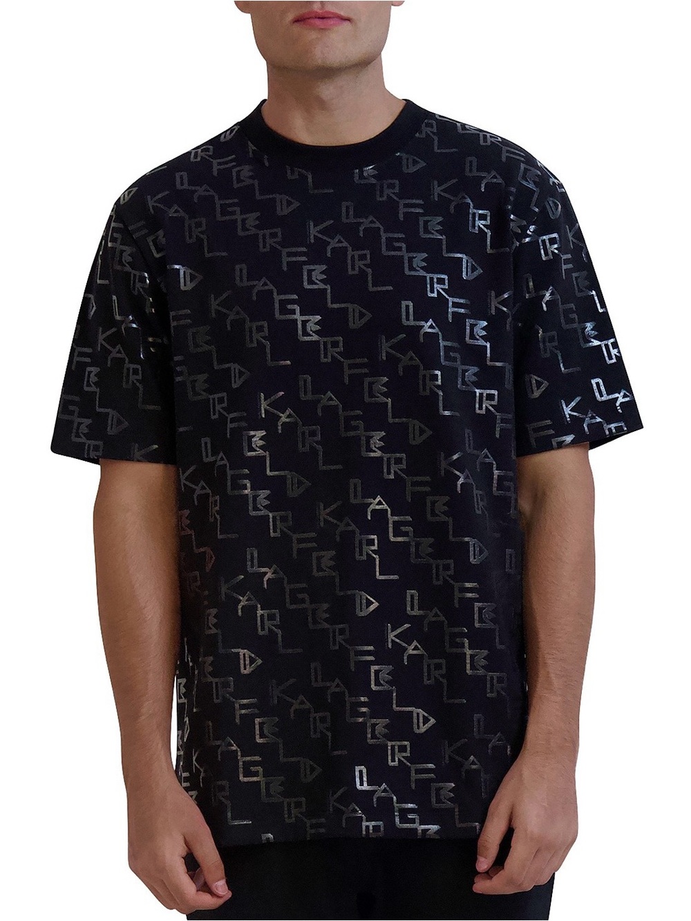 Karl Lagerfeld Paris Mens Medium Black All Over Logo Print Tee Shirt NWT